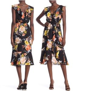 Socialite ruffled faux wrap high/low midi dress